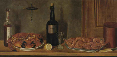 Still Life With A Bottle Of Cognac Crabs And Prawns by William Aiken Walker