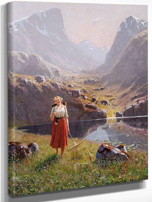 Girl By A Mountain Lake By Hans Dahl