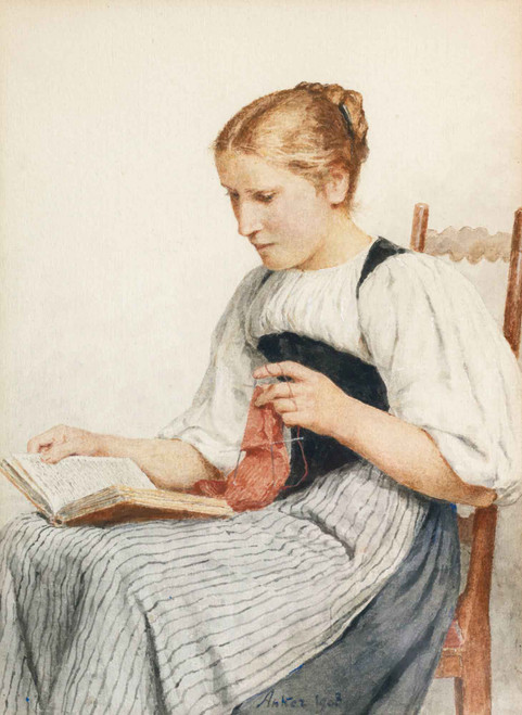 Girl Knitting While Reading By Albert Anker