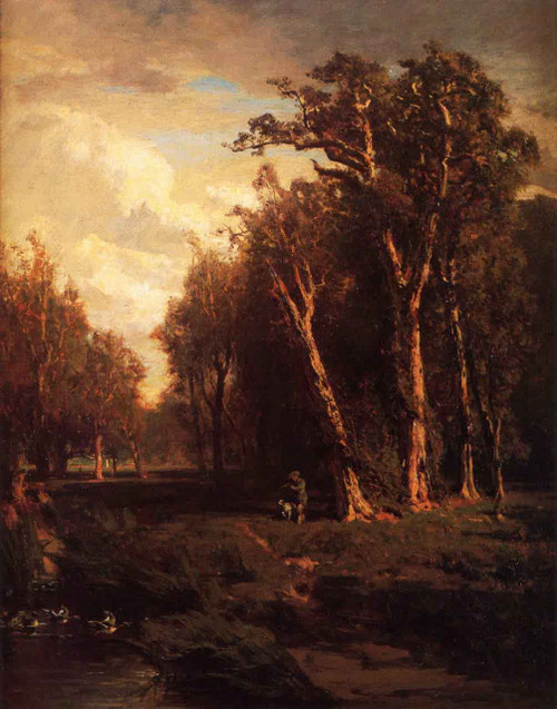 Hunter With Dog Jumping A Flock By Thomas Hill  By Thomas Hill Hunter With Dog Jumping A Flock By Thomas Hill  By Thomas Hill