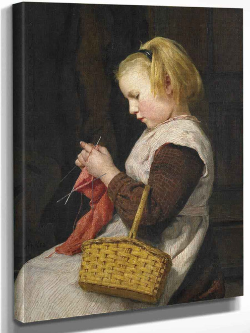 Knitting Girl With Basket By Albert Anker