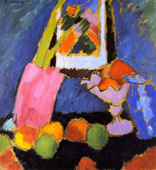 Still Life With Apples And Violet Fruit Stand By Alexei Jawlensky By Alexei Jawlensky