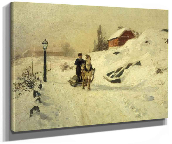 A Horse Drawn Sleigh In A Winter Landscape By Fritz Thaulow