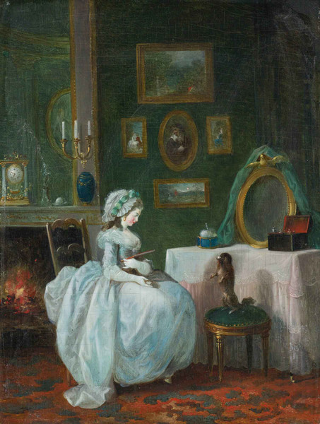 A Lady At Her Dressing Table With A Dog By Jean Frederic Schall