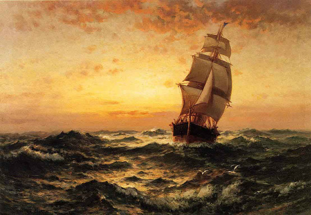 Ship At Sea, Sunset By Edward Moran