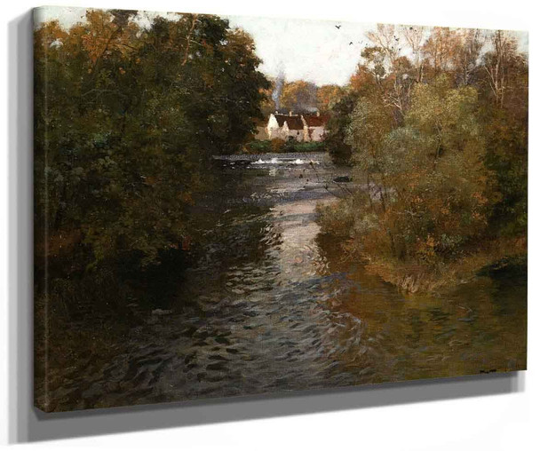 A River Landscape With Cottages By Fritz Thaulow
