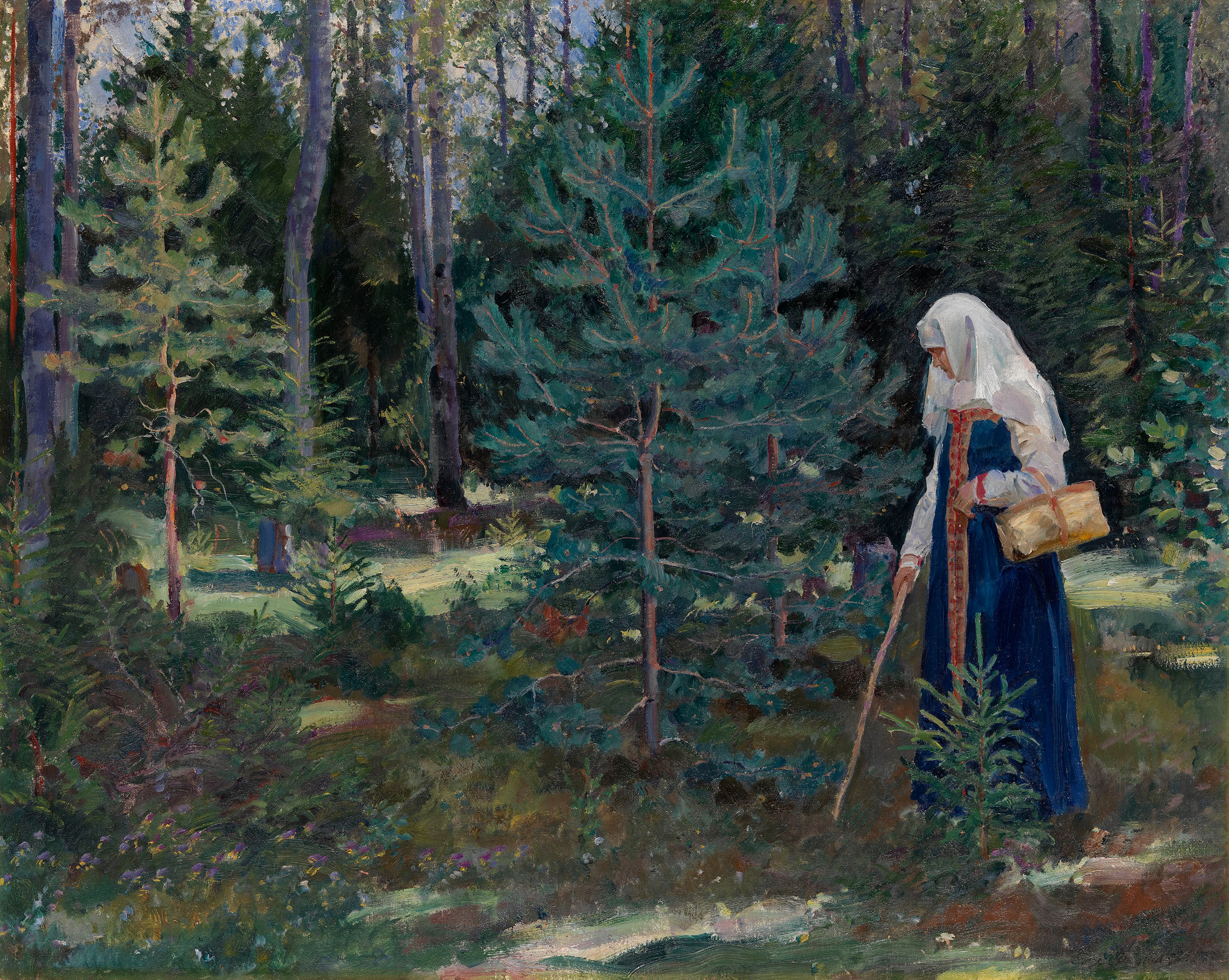 Gathering Mushrooms In The Forest By Sergei Arsenevich Vinogradov Russian 1869 1938 Print or Painting Reproduction from Cutler Miles.