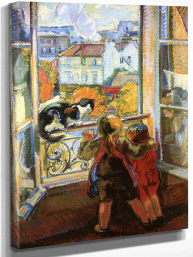 Two Children And Cat By The Window By Nicolas Tarkhoff Art