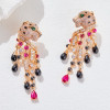 Designer Collection Style Women Lady Setting Zircon Tassels Green Eyes Leopard Heads Plated Gold Color Ear Clip Stud Earrings