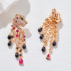 Designer Collection Style Women Lady Setting Zircon Tassels Green Eyes Leopard Heads Plated Gold Color Ear Clip Stud Earrings
