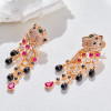 Designer Collection Style Women Lady Setting Zircon Tassels Green Eyes Leopard Heads Plated Gold Color Ear Clip Stud Earrings