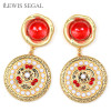 LEWIS SEGAL Small Ruby Dangle Earrings with Pearls for Women Medieval Style Elegant Party Fine Jewelry Round 18K Gold Plated
