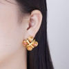 LEWIS SEGAL Champagne CZ Crystal Flower Stud Earrings for Women High End 18K Gold Medieval Retro Style Ear Jewelry