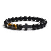 Fashion Religion Cross Men Women 8mm Natural Stone Tiger Eye & Black Matte Agates Bead Bracelet Elastic Bracelet Bangle Jewelry