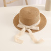 New Child Summer Sun Hat Bucket Cap Simple Beige Lace Bowknot Ribbon Flat top Straw Hat Beach Outing Caps Panama