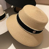 Straw Hat Mountain Camellia Black and White Pearl Straw Weaving Fisherman Hat Fashion Women's Summer Sunscreen Straw Hat