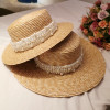 Handmade pearl wheat straw flat straw hat wild big eaves hat female summer seaside beach hat