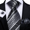 Luxury Black Silver Striped Floral Ties for Men Silk Polyester Wedding Party Formal Necktie Handkerchief Cufflinks Gift