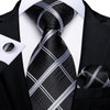 Luxury Black Silver Striped Floral Ties for Men Silk Polyester Wedding Party Formal Necktie Handkerchief Cufflinks Gift