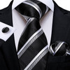 Luxury Black Silver Striped Floral Ties for Men Silk Polyester Wedding Party Formal Necktie Handkerchief Cufflinks Gift