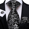 Luxury Black Silver Striped Floral Ties for Men Silk Polyester Wedding Party Formal Necktie Handkerchief Cufflinks Gift