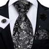 Luxury Black Silver Striped Floral Ties for Men Silk Polyester Wedding Party Formal Necktie Handkerchief Cufflinks Gift