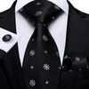 Luxury Black Silver Striped Floral Ties for Men Silk Polyester Wedding Party Formal Necktie Handkerchief Cufflinks Gift