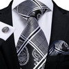 Luxury Black Silver Striped Floral Ties for Men Silk Polyester Wedding Party Formal Necktie Handkerchief Cufflinks Gift