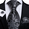 Luxury Black Silver Striped Floral Ties for Men Silk Polyester Wedding Party Formal Necktie Handkerchief Cufflinks Gift