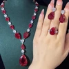 KQDANCE 925 Sterling Silver Pear Cut Ruby Red High Carbon Diamond Tennis Chain Necklace Drop Earrings Rings Fine Jewelry Set