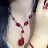 KQDANCE 925 Sterling Silver Pear Cut Ruby Red High Carbon Diamond Tennis Chain Necklace Drop Earrings Rings Fine Jewelry Set