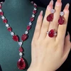 KQDANCE 925 Sterling Silver Pear Cut Ruby Red High Carbon Diamond Tennis Chain Necklace Drop Earrings Rings Fine Jewelry Set