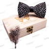 KAMBERFT 67 style New Design Natural Feather Bow tie Exquisite HandMade Mens BowTie Brooch Pin Wooden Gift Box Set for Wedding