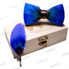 KAMBERFT 67 style New Design Natural Feather Bow tie Exquisite HandMade Mens BowTie Brooch Pin Wooden Gift Box Set for Wedding