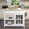 ChooChoo Rolling Kitchen Island, Portable Kitchen Cart Wood Top Kitchen Trolley with Drawers and Glass Door Cabinet, Wine Shelf