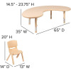 35"W X 65"L Half-Moon Natural Plastic Height Adjustable Activity Table Set with 4 Chairs, Children Desk and Chair Set