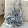 Fashion Pleated  Flower Shape Women's Shoulder Bag Soft Silver Leather Tote Bag Casual Drawstring Daily Pouch Shopper Bag 2023