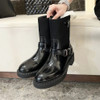 Autumn Women Leather Boots Stretch Fabric Punk Metal Fittings Platform