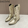 Woman Cowgirl Boots Fashion Slip On Embroidery Ladies Elegant Square