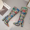 Colorful Snakeskin Leather Square High Heels Women Boots Mid Calf