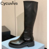 Black Leather Platform Knee High Boots Women Thick Sole Platform Dress