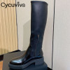 Black Leather Platform Knee High Boots Women Thick Sole Platform Dress