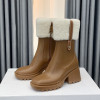 Square Toe Solid Color Fur Collar Rain Boots Women Zipper Chunky Heel