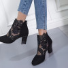 Women Chunky Heeled Ankle Boots Floral Embroidery Mesh Panel High Heel