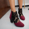 Women Chunky Heeled Ankle Boots Floral Embroidery Mesh Panel High Heel