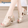 Ngouxm High Heels Gladiator Sandals Woman Open Head Beige Block Heel
