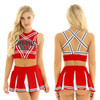 Women's Cheerleader Cosplay Costume Uniform Outfit Stand Collar Crop Top with Mini Pleated Skirts Carnival Cheerleading Suit