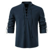 2022 New Men's V-neck shirt T-shirt Fashion Vintage Thin Long Sleeve Top men Casual Breathable Front Lace Up man Shirts