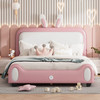 Full/Twin Size Upholstered Rabbit-Shape Princess Bed Platform Bed Frame with Headboard & Footboard White+Pink[US-W]