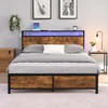 Queen/Full Size Industrial Bed Frame Noise Free with LED Lights&2 USB Ports&Storage No Box Spring Needed Rustic Brown[US-W]